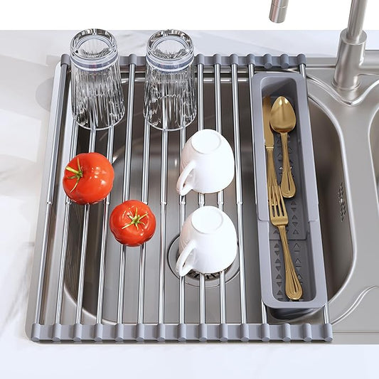 JASIWAY Roll Up Dish Drying Rack, Expandable (12.8"-23.8" D x 12.8" W) Stainless Steel Portable Drainer for Kitchen Sink Counter, Foldable Over The Sink Cover with Removable Utensil Holder by JASIWAY