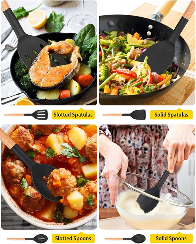 Pack of 4 Silicone Cooking Utensils Set, Non Stick Solid Spatulas and Heat Resistant Slotted Spoons with Wooden Handle, Ideal Wood Kitchen Utensils Set for Frying,Serving,Turning,Stirring (BLACK) - Image 5