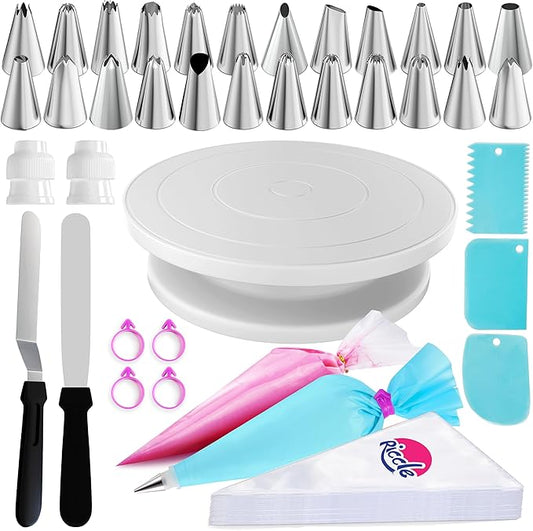 Riccle 88 pcs Cake Decorating Kit with Cake Turntable - Includes 50 Disposable + 2 Reusable Piping Bags and Tips Set, 24 Icing Piping Tips, 2 Spatulas, 3 Icing Comb Scraper, Baking Supplies by Riccle