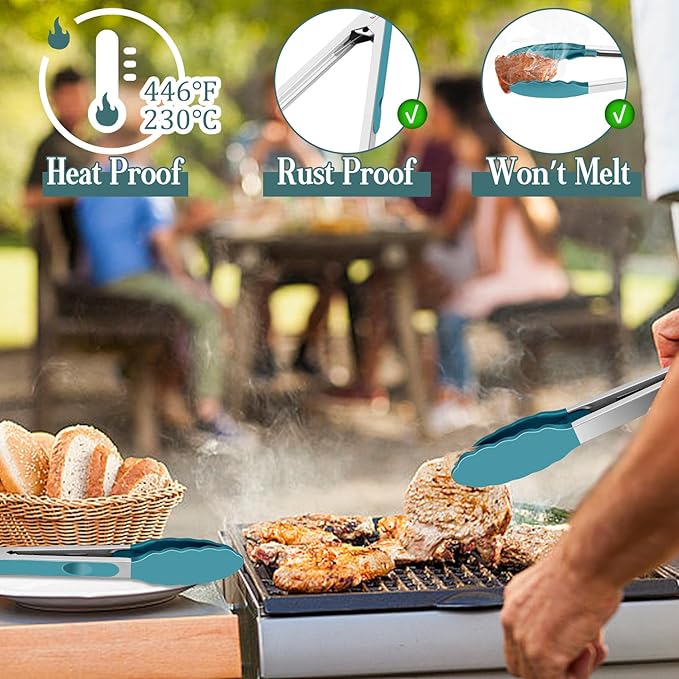 TeamFar Kitchen Tongs, 9" and 12" Stainless Steel Cooking Tongs with Silicone Tips for Cooking Grilling Serving & BBQ, Heat Resistant Silicone Tongs, Locking Design & Dishwasher Safe, Set of 2 & Blue - Image 4