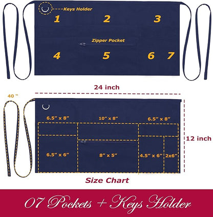 7 Pockets Server Aprons with Zipper Pocket (2 Pack) - Aprons for Women Men - Waiter Waitress Waist Half Apron 24x12
