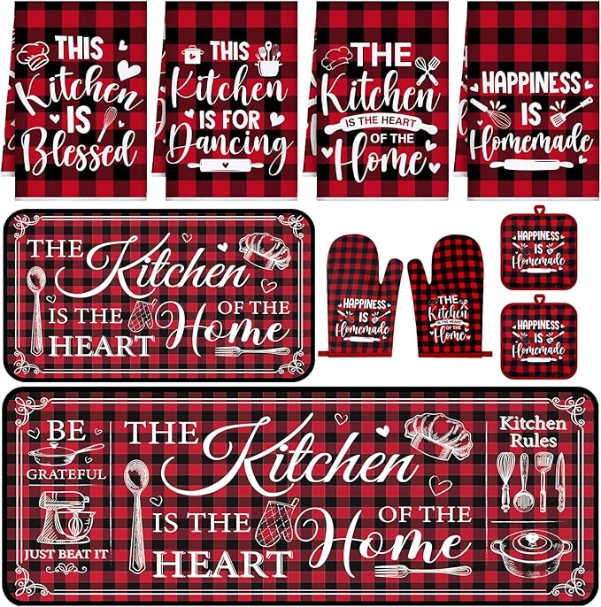 Fourluoo 10 Pcs Farmhouse Kitchen Decor and Accessories Set 4 Kitchen Towels 2 Pot Holders 2 Oven Mitts 2 Rugs for Cooking Baking Mom Housewarming Gifts(Red White,Classic Style) by Fourluoo
