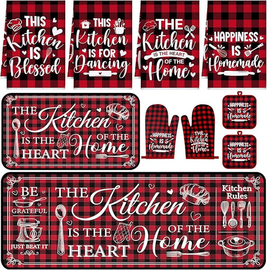 Fourluoo 10 Pcs Farmhouse Kitchen Decor and Accessories Set 4 Kitchen Towels 2 Pot Holders 2 Oven Mitts 2 Rugs for Cooking Baking Mom Housewarming Gifts(Red White,Classic Style) by Fourluoo