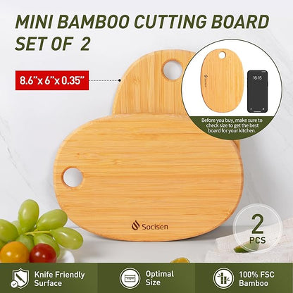 2 Pack Small Bamboo Wood Cutting Board for Kitchen Mini Wooden Chopping Board Lightweight Charcuterie Serving Board Handheld Butcher Block Non-Toxic Chef Set Camping Fruit Housewarming Essentials