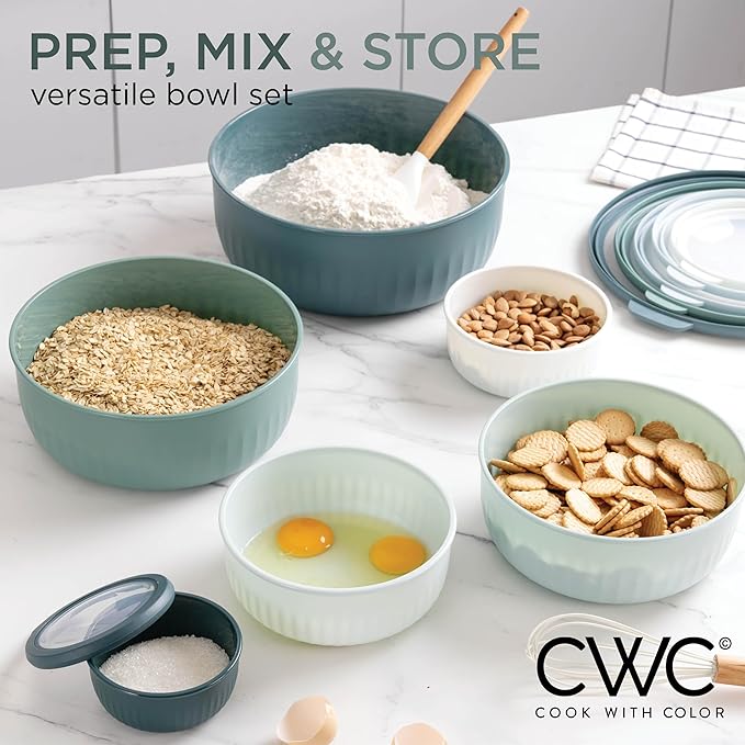 COOK WITH COLOR Prep Bowls with Lids- Wide and Deep Nesting Plastic Small Mixing Bowl Set with Lids, 12 Piece Set - Wide Bowls, Teal - Image 2