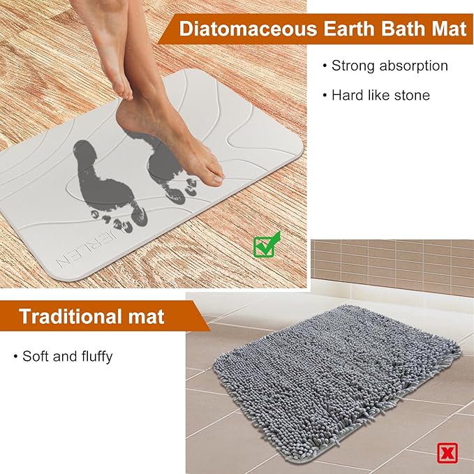 JUERLEN 2 Pack Diatomaceous Earth Shower Mat, Stone Bath Mat, Nonslip Super Absorbent Fast-Drying Hard Bath Mat for Bathroom Shower Floor, 24 x 16 inch, Pallid Wave Design