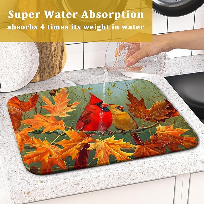 Giwawa Fall Birds Dish Drying Mat 16x18 Inch Autumn Maple Leaf Tree Dish Drainer Mats Thanksgiving Decorative Microfiber Reversible Dish Drying Rack Pad Small for Kitchen Countertop Tabletop