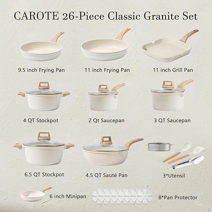 CAROTE Pots and Pans Set Nonstick, Cookware Set Induction Kitchen Cooking Set 26cs w/Frying Pans & Saucepans& Grill Pan - Image 2