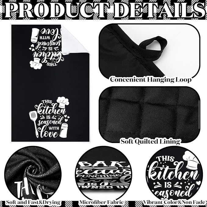 Sratte 6 Pcs Kitchen Decor Accessories Set Farmhouse Towels Pot Holders Oven Mitts Set 2 Dish Towels 2 Potholders 2 Cooking Mittens Oven Glove for Christmas Baking Cooking Supply(Black,Baking) - Image 6