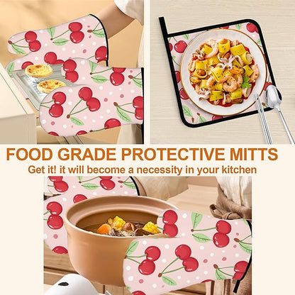 Oven Mitts and Hot Pads Set - Pink Cherry Design, Heat Resistant Cute Pot Holders for Kitchen, Baking Gifts for Women