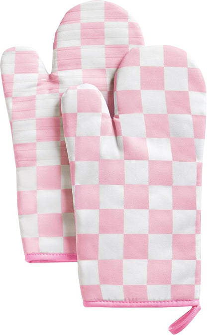 Ohocut Pink Checkered Oven Mitts Heat Resistant, Vintage Retro Checkerboard Cute Oven Mitts, Non-Slip Silicone Kitchen Gloves 1 Pair 7''x13''