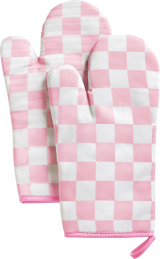 Ohocut Pink Checkered Oven Mitts Heat Resistant, Vintage Retro Checkerboard Cute Oven Mitts, Non-Slip Silicone Kitchen Gloves 1 Pair 7''x13''