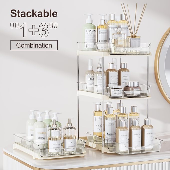 Delamu 2-Tier Multi-Purpose Bathroom Under Sink Organizers and Storage, Stackable Kitchen Pantry Organization, Pull Out Medicine Cabinet Organizer with Movable Dividers, Beige, 2 Pack - Image 3
