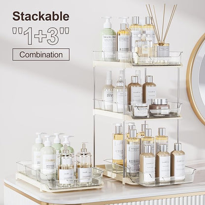 Delamu 2-Tier Multi-Purpose Bathroom Under Sink Organizers and Storage, Stackable Kitchen Pantry Organization, Pull Out Medicine Cabinet Organizer with Movable Dividers, Beige, 4 Pack - Image 3