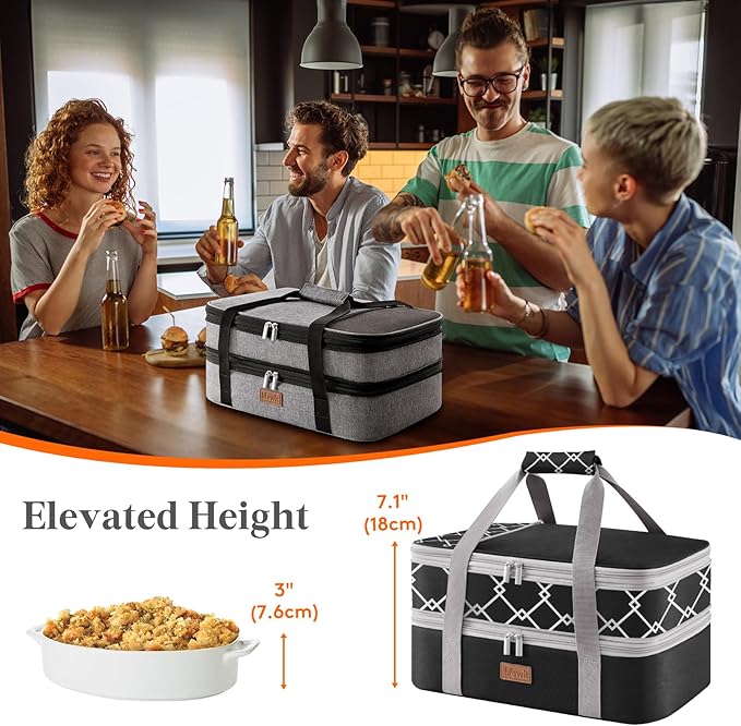 Lifewit Insulated Double Decker Casserole Carrier, Expandable Lasagna Lugger Tote Bag for Hot or Cold Food, Fits 9" x 13" Baking Dish for Potluck Parties, Picnic and Cookouts, Black-Geometric