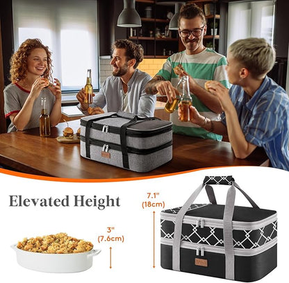 Lifewit Insulated Double Decker Casserole Carrier, Expandable Lasagna Lugger Tote Bag for Hot or Cold Food, Fits 9" x 13" Baking Dish for Potluck Parties, Picnic and Cookouts, Black-Geometric