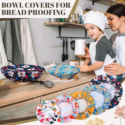 10 Pack Cloth Bowl Covers for Bread Rising - 5 Size Stretch Elastic Food Storage Container Lids - Reusable Cotton Fabric Covers for Food, Fruits, Leftovers (Flower)