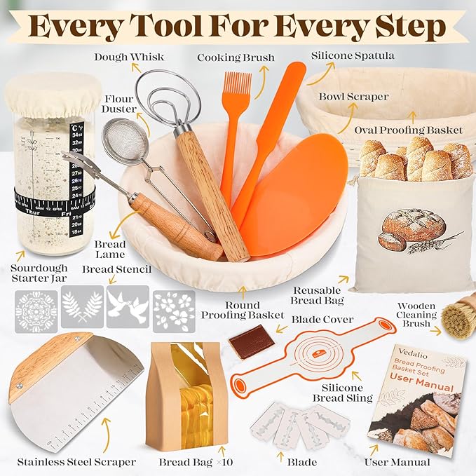 Sourdough Bread Baking Supplies, Sourdough Starter Kit, Bread Proofing Basket, Bread Making Tools Kit, Sour Dough Kit Tools, Sourdough Proofing Basket, Sourdough Kit Gifts for Bakers Women Wife Mom - Image 2