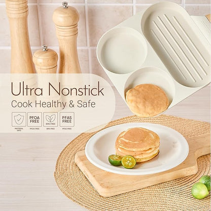 CAROTE Egg Pan Omelette Pan, 3-In-1 Divided Nonstick Grill Pan, Pancake Pan and Healthy Egg CookerSuitable for Gas Stove & Induction Cookware, White Granite - Image 4