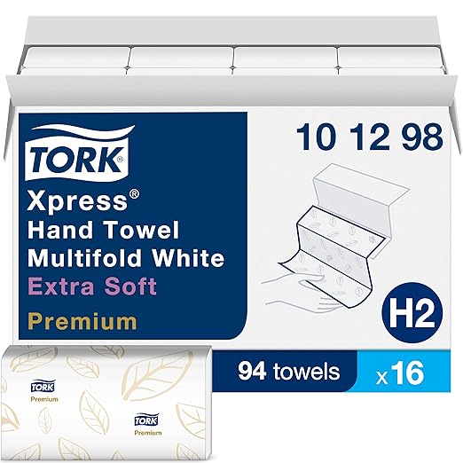 Tork Xpress Paper Towel Dispenser and Tork Extra Soft Multifold Hand Towel White with Blue Leaf Print - Image 6