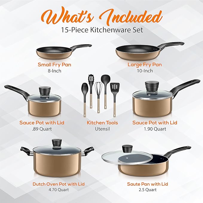 SereneLife Kitchenware Pots & Pans Basic Kitchen Cookware, Black Non-Stick Coating Inside, Heat Resistant Lacquer (15-Piece Set), One Size, Gold - Image 2