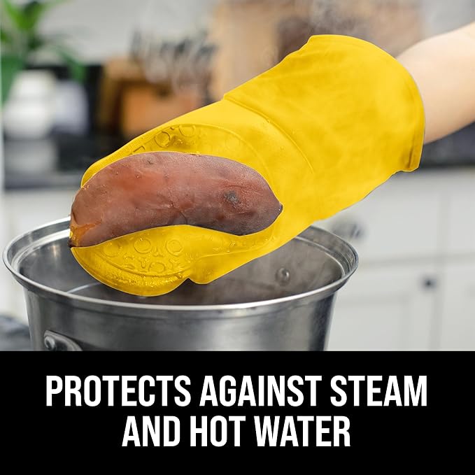 BPA-Free Soft Silicone Oven Mitts - Ultra Heat Resistant Oven Mitts with Thick Cotton Liner - Long Slip Resistant Pot Holders, Flexible Oven Gloves - Yellow 13.7" - Image 4
