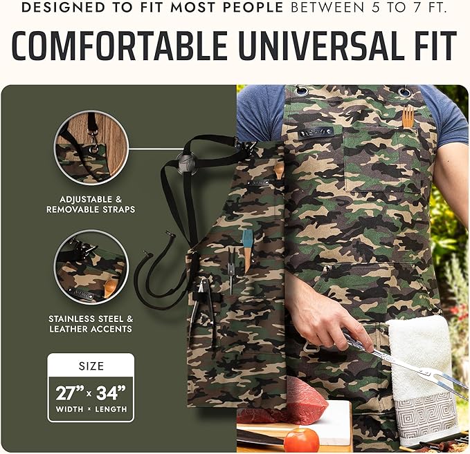 Asaya Chef and BBQ Apron with Bottle Opener and Hand Towel - 10oz Cotton Canvas, Stainless Steel Hardware - Cross Back Straps - Image 5