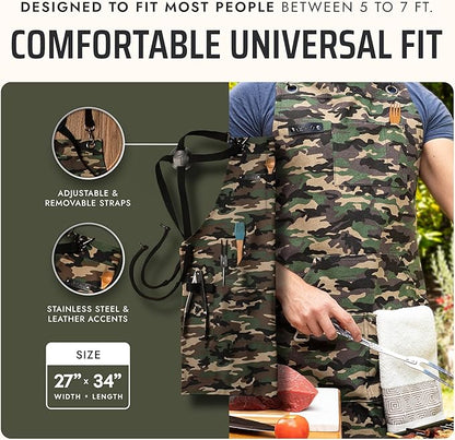 Asaya Chef and BBQ Apron with Bottle Opener and Hand Towel - 10oz Cotton Canvas, Stainless Steel Hardware - Cross Back Straps - Image 5
