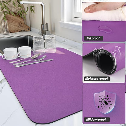 HotLive Dish Drying Mat for Kitchen Counter, Heat Resistant Drainer Mats with Non-slip Rubber Backed, Hide Stain Kitchen Super Absorbent Draining Mat, Easy to Clean Dish Rack Pad, Purple 18"x24" - Image 3