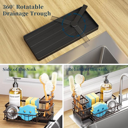 Consumest Sponge Holder for Kitchen Sink - Auto Draining Sink Caddy Organizer with Detachable Rack, High Brush Holder, Kitchen Countertop Storage Accessories, Bronze - Image 2