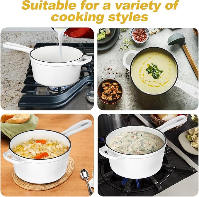 HaSteeL 2 QT Cast Iron Saucepan, Mini Enamel dutch oven with lid, Small Non Stick Pan for Milk, Pasta Tomato Sauce, Butter, Breakfast, Soup, Suitable for Boiling Stewing Frying, Easy to Clean, White