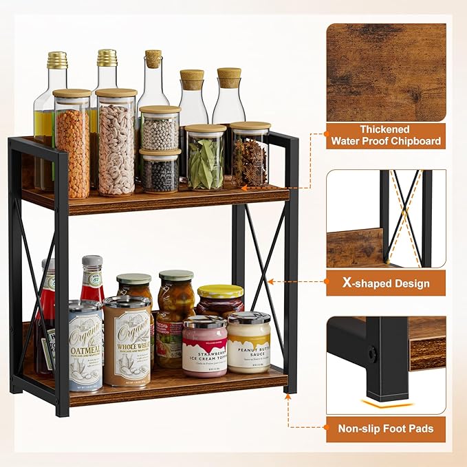 Giikin Kitchen Counter Shelf, Kitchen Countertop Organizer, 2 Tier Spice Rack for Counter, Wood Coffee Bar Organizer for Coffee Station (Brown, L) - Image 2