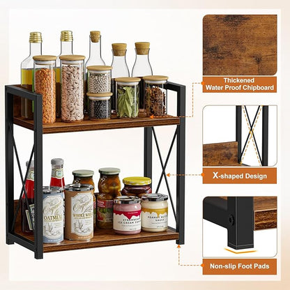 Giikin Kitchen Counter Shelf, Kitchen Countertop Organizer, 2 Tier Spice Rack for Counter, Wood Coffee Bar Organizer for Coffee Station (Brown, L) - Image 2