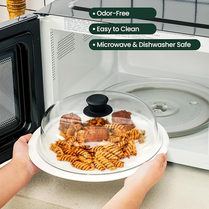 2 in 1, Glass Microwave Splatter Cover for Food & Microwave Place Mat, Plate Splatter Guard Lid with Easy Grip Silicone Handle Knob, Borosilicate Glass with Vent Hole, Food Grade, No Plastic, 10in - Image 4