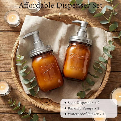 Amolliar Plastic Mason Jar Soap Dispenser with Pump Lid,16OZ Refillable Hand Soap Dispenser Set with Cute Lables - Farmhouse Decor for Kitchen Bathroom, Liquid Soap, Dish Soap, Lotion (2 Pack, Amber) - Image 7