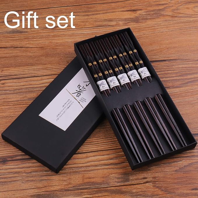 5 Pairs Chopsticks Wooden, Glamfields Reusable Chop sticks, Non-slip Japanese Style gift set - Image 6