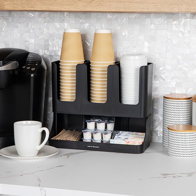 Mind Reader Cup and Condiment Station, 13 Inch Countertop Coffee Bar Organizer with 6 Compartments, Storage Caddy for Cups, Lids and Packets, Plastic, Black - Image 2