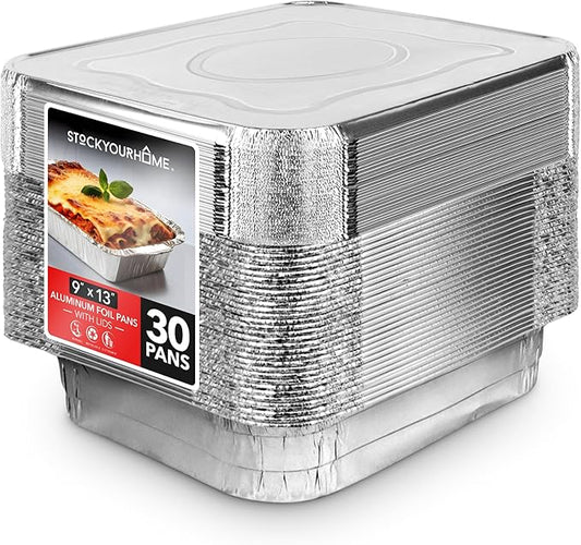 Stock Your Home (Set of 30) 9 x 13 Disposable Aluminum Pans with Lids - (30) Heavy Duty Foil Pans with Lids 9x13 (30) Foil Pan Covers, Food Catering Containers for Baking, Cooking, Heating, Storage by StockYourHome