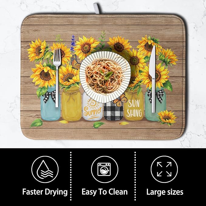 Sunflower Dish Drying Mat for Kitchen 16x18 Inch Counter Rustic Vintage Floral Vases Wood Grain Drying Mats Microfiber Absorbent Dishes Drying Pad Spring Summer Flowers Dish Drainer Rack Mat - Image 4