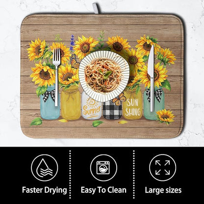 Sunflower Dish Drying Mat for Kitchen 18x24 Inch Counter Rustic Vintage Floral Vases Wood Grain Drying Mats Microfiber Absorbent Dishes Drying Pad Spring Summer Flowers Dish Drainer Rack Mat - Image 4