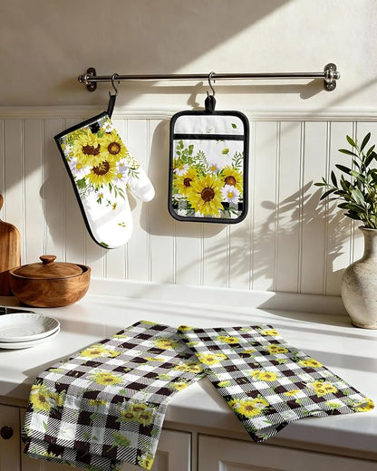 Miss Adola 270 GSM Cotton Kitchen Towels, Oven Mitt and Pot Holder - 4 Pack Kitchen Decor and Accessories Set Cute Farmhouse Boho Quilted Lining Heat Resistant Set with Hanging Loop, Plaid Sunflower - Image 2
