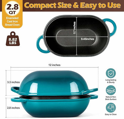 Homikit Enameled Cast Iron Dutch Oven for Bread Baking, 2.8 QT Oval Bread Oven Pot with Lid, 9.5 x 5.7 Inch Sourdough Loaf Baking Pan for Homemade Bread, Heavy Duty & Oven Safe, Dark Green
