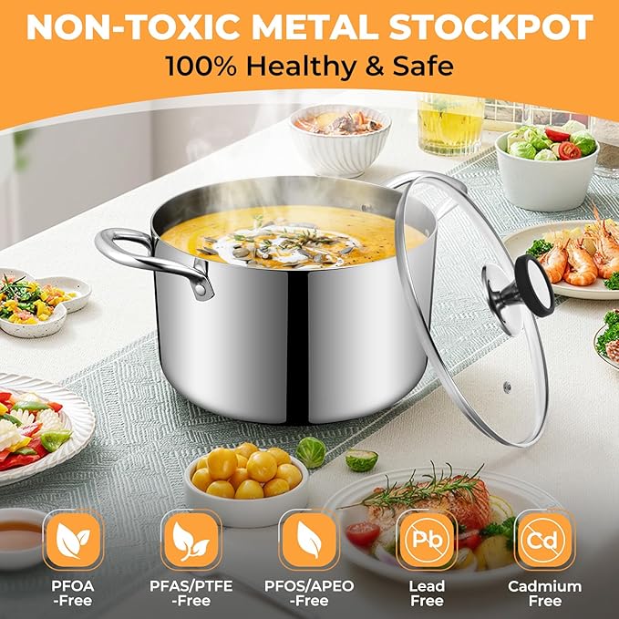 Tri-Ply Stainless Steel Stock Pot, 8 Quart Heavy Duty Induction Cooking Pot with Visible Lid for Pasta, Soup, Spaghetti, Sturdy & Double Handle, Dishwasher Safe - Image 7