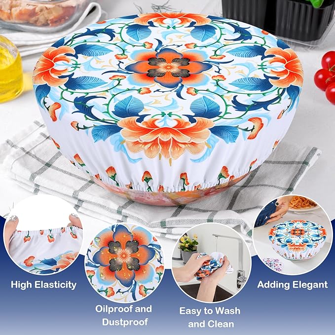 5 Pieces Bowl Covers Reusable, 5 Size Elastic Cloth Bowl Covers for Bread Proofing Food Covers Washable for Food Fruits Leftover (Dark Blue Floral) - Image 7