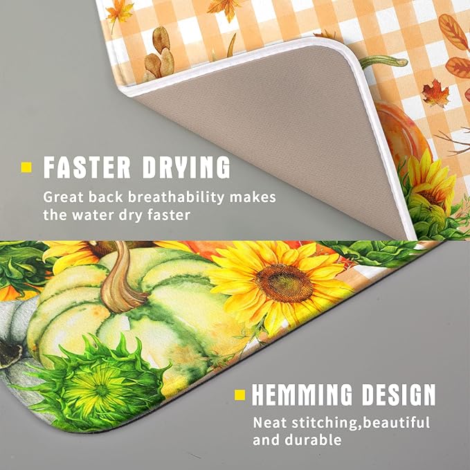 Autumn Maple Leaf Orange White Check Plaids Dish Drying Mat for Kitchen Counter,Fall Sunflower Pumpkin Drying Mat 16 x 18 Inch with Absorbent Reversible Microfiber Dish Drying Pad for Coffee Bar - Image 3