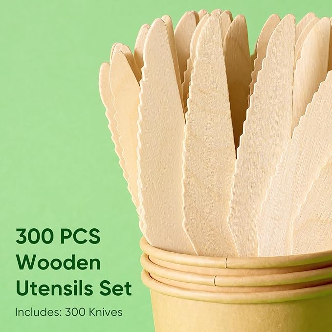 Disposable Wooden Utensils Set, Compostable Utensils, Disposable Cutlery Eco-Friendly Silverware Set for Parties, Catering, Office Lunches-300 PCS 6.4" Knives