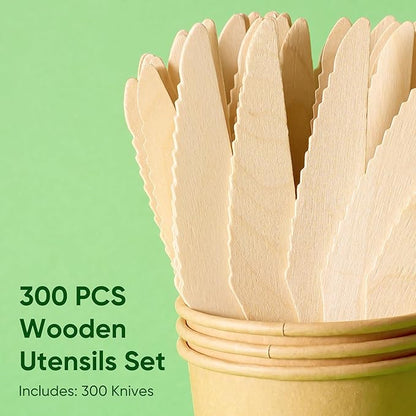 Disposable Wooden Utensils Set, Compostable Utensils, Disposable Cutlery Eco-Friendly Silverware Set for Parties, Catering, Office Lunches-300 PCS 6.4" Knives