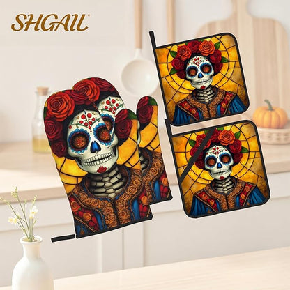 Flower Skull Oven Mitts with Matching Potholders - Heat Resistant Kitchen Accessories for Baking, Grilling, Cooking, Gifts for Women