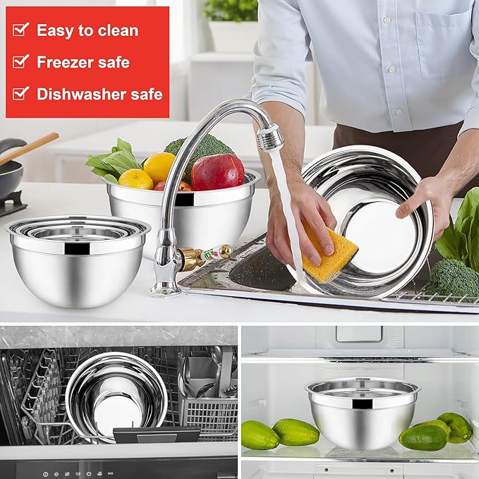 E-far Mixing Bowls with Lids, 12-Piece Stainless Steel Salad Bowls Metal Nesting Bowls for Baking Cooking and Prepping, Airtight Lids & Stackable Design, Size 7, 4.5, 3, 1.5, 1.2, 0.7 QT (Red) - Image 5