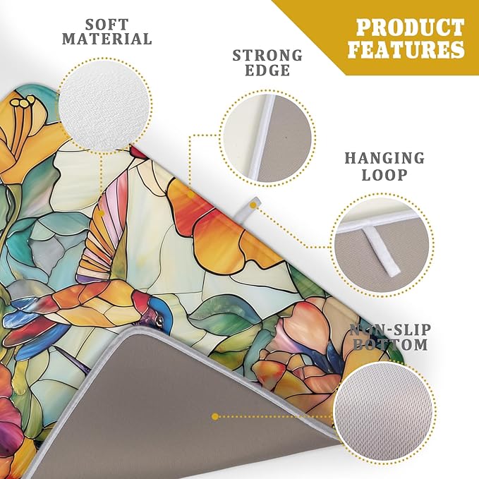 Spring Summer Dish Drying Mat for Kitchen Counter Hummingbird Microfiber Absorbent Dish Draining Reusable Washable Foldable Extra Large 18"x24" - Image 4